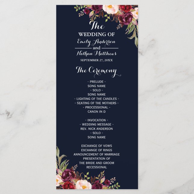 Burgundy Navy Floral Wedding Program Programme (Front)