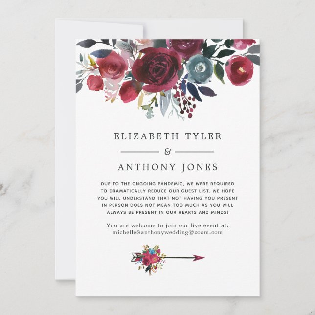 Burgundy & Navy floral Wedding Reduced Guest List Announcement (Front)