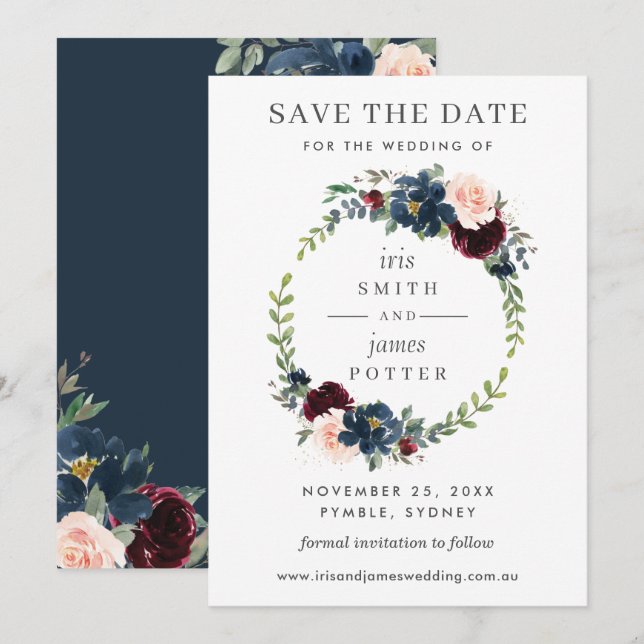 Burgundy Navy Floral Wedding Save the Date Card (Front/Back)