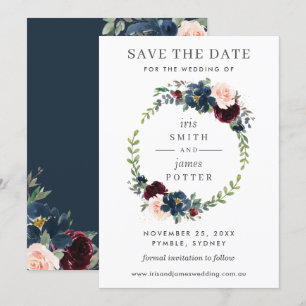 Burgundy Navy Floral Wedding Save the Date Card