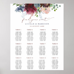 Burgundy  & Navy Floral Wedding Seating Plan Poster