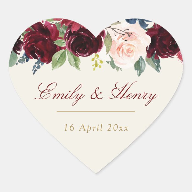 Burgundy navy floral wedding sticker (Front)