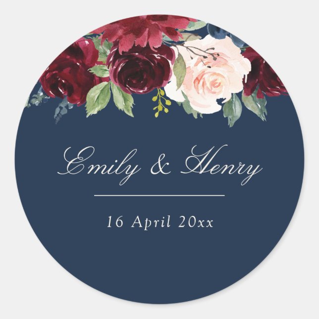 Burgundy navy floral wedding sticker (Front)