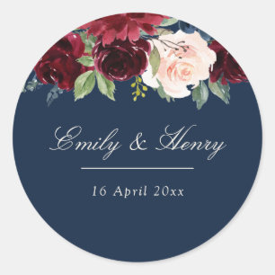 Burgundy navy floral wedding sticker