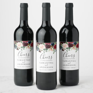 Burgundy Navy Floral Wedding Wine Bottle Labels