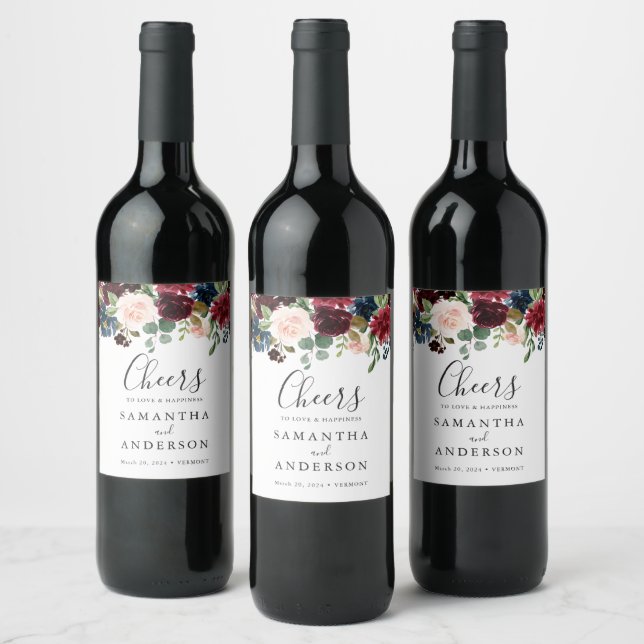 Burgundy Navy Floral Wedding Wine Bottle Labels (Bottles)