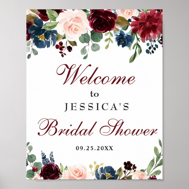 Burgundy Navy Floral Welcome Bridal Shower Sign (Front)