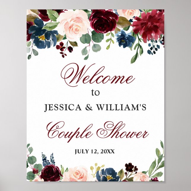 Burgundy Navy Floral Welcome Couple Shower Sign (Front)