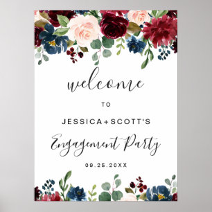 Burgundy Navy Floral Welcome Engagement Party Sign