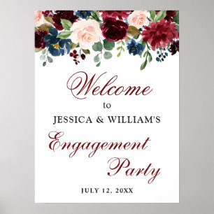 Burgundy Navy Floral Welcome Engagement Party Sign
