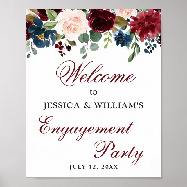 Burgundy Navy Floral Welcome Engagement Party Sign (Front)