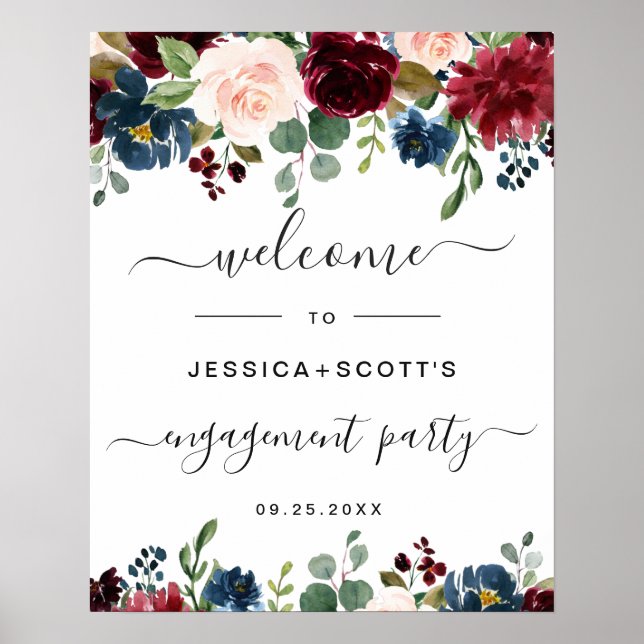Burgundy Navy Floral Welcome Engagement Party Sign (Front)