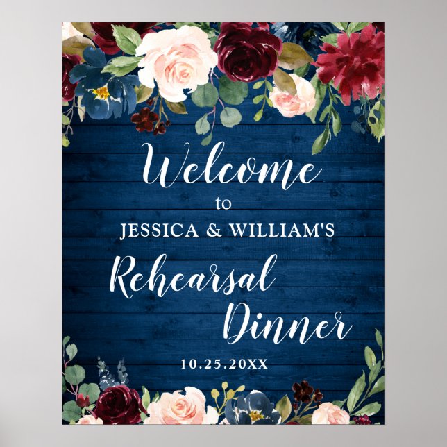 Burgundy Navy Floral Welcome Rehearsal Dinner Sign (Front)
