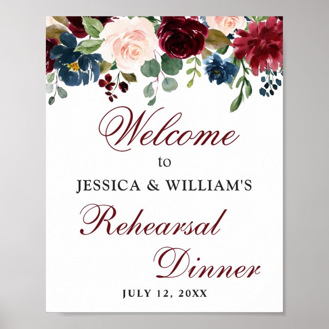 Burgundy Navy Floral Welcome Rehearsal Dinner Sign (Front)