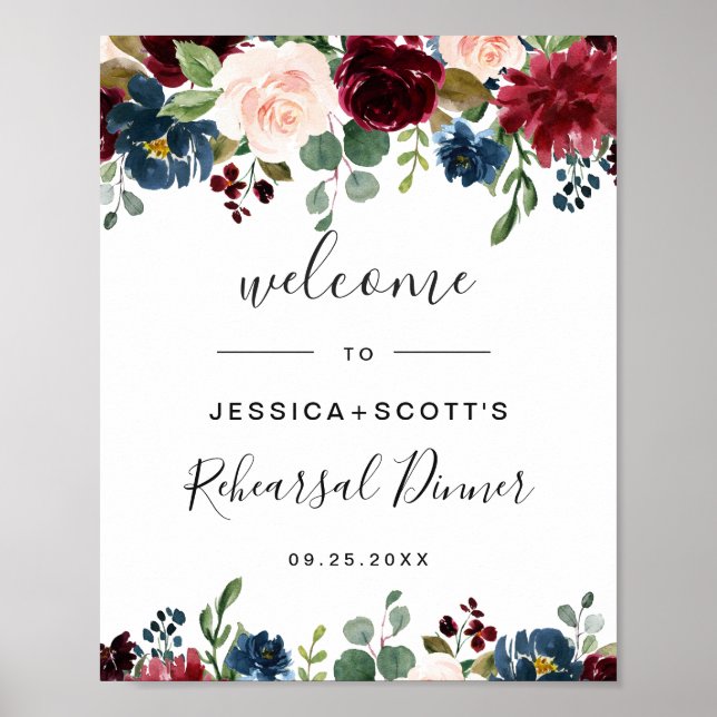 Burgundy Navy Floral Welcome Rehearsal Dinner Sign (Front)