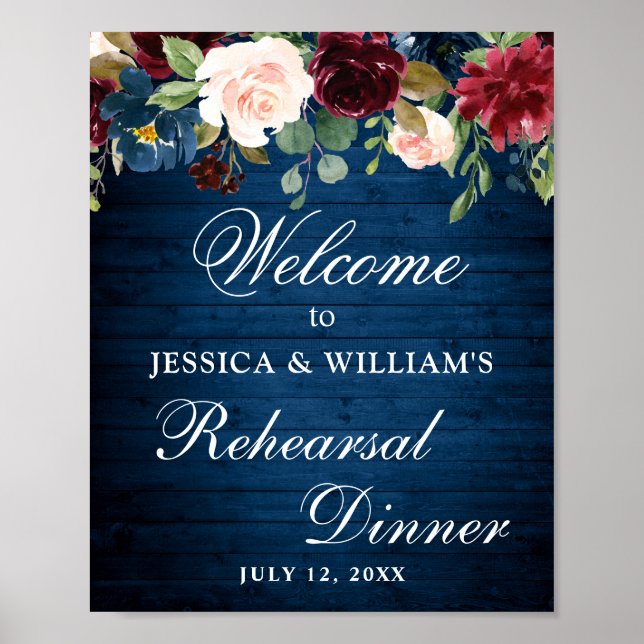 Burgundy Navy Floral Welcome Rehearsal Dinner Sign (Front)