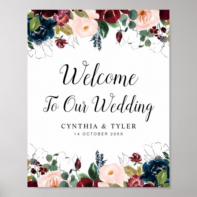 burgundy & navy floral welcome wedding sign (Front)