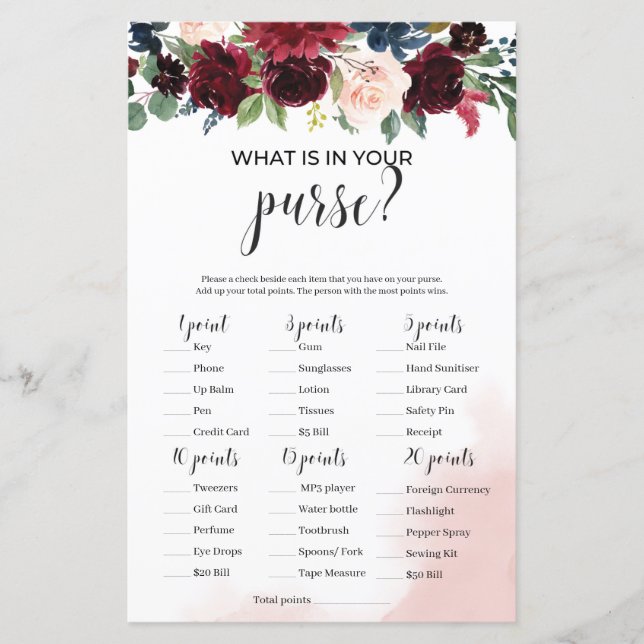 Burgundy navy floral what is in your purse game (Front)