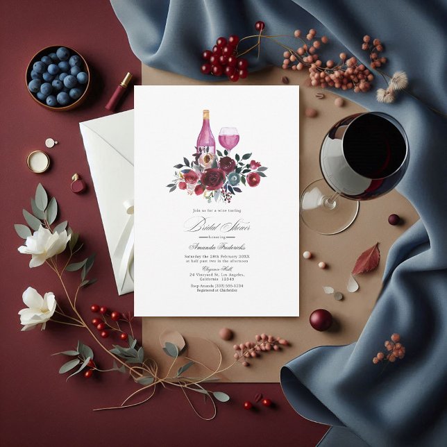 Burgundy & Navy  Floral Wine Tasting Bridal Shower Invitation (Burgundy, Navy and Dusty Blue Bridal Shower Wine Tasting Invitation)