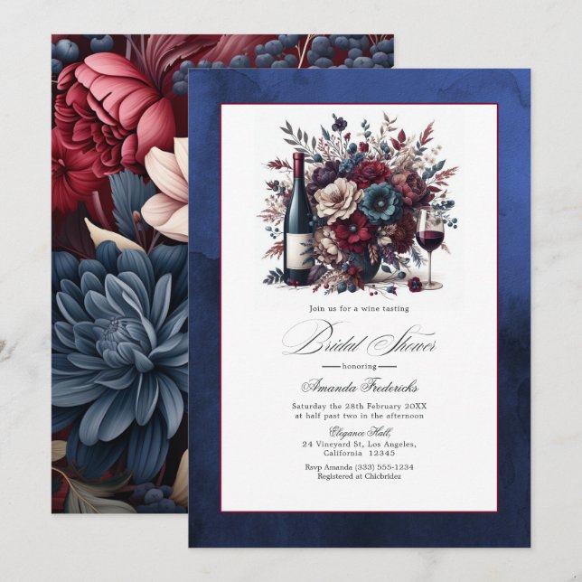 Burgundy & Navy Floral Wine-Themed Bridal Shower Invitation (Front/Back)