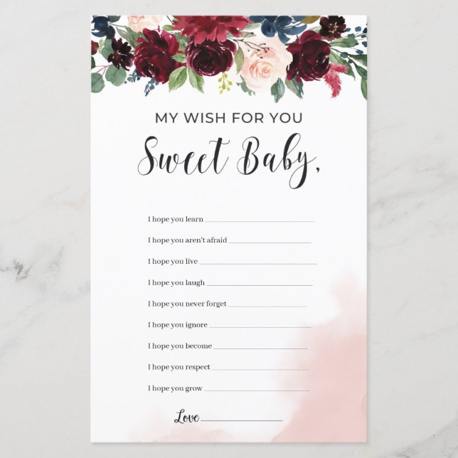 Burgundy navy floral wishes for the baby game (Front)