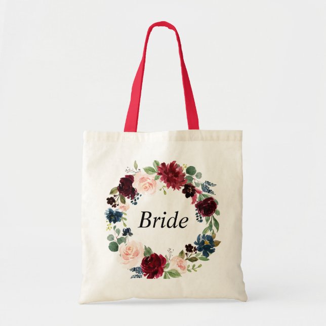 burgundy navy floral wreath bride tote bag (Front)