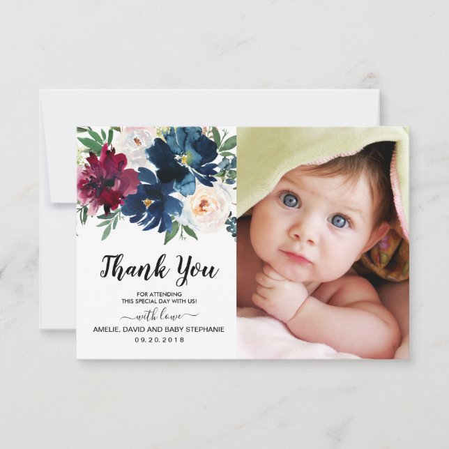 Burgundy Navy Flowers Baby Shower Thank You Photo Card (Front)