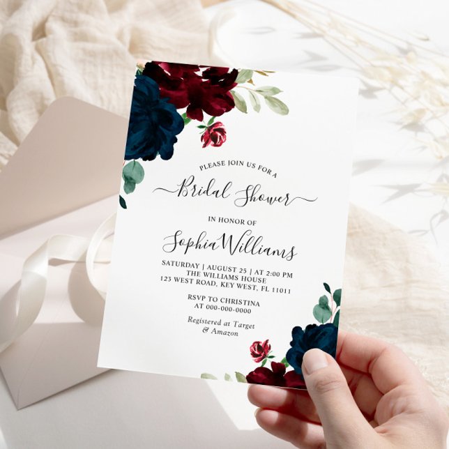 Burgundy & Navy Flowers Bridal Shower Invitation (Creator Uploaded)