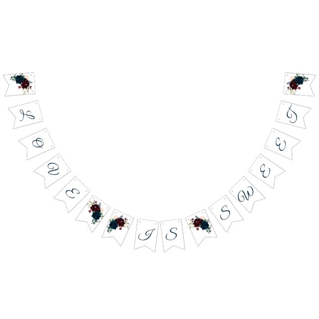 Burgundy & Navy Flowers Rustic Wood Wedding Bunting (All)