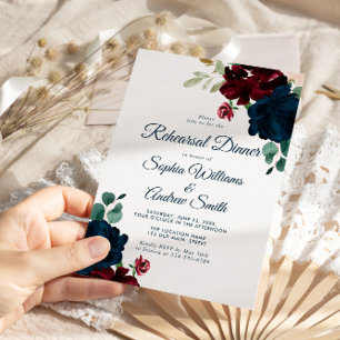 Burgundy & Navy Flowers Rustic Wood Wedding Invitation