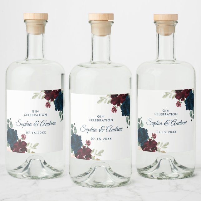 Burgundy & Navy Flowers Rustic Wood Wedding Liquor Bottle Label (Bottles)