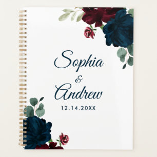 Burgundy & Navy Flowers Rustic Wood Wedding Planner