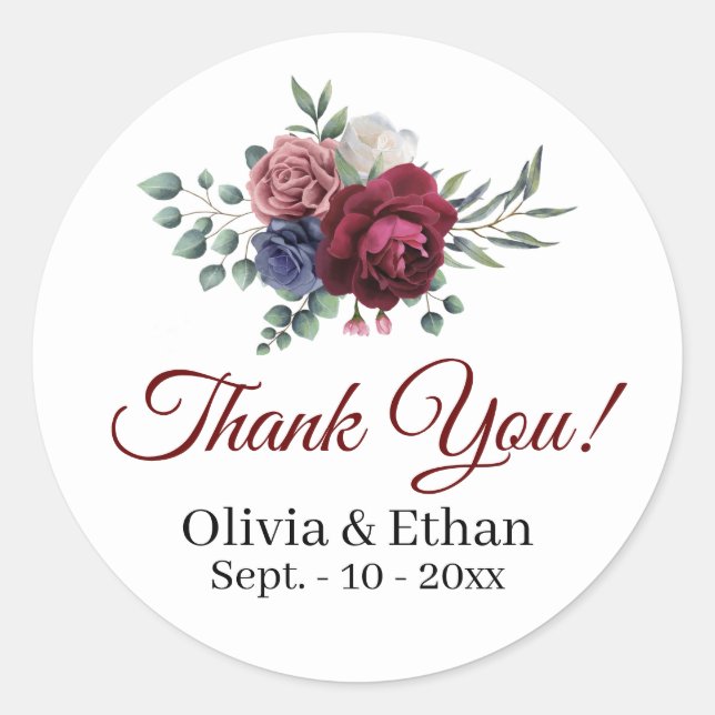 Burgundy Navy Flowers with Roses Classic Round Sticker (Front)