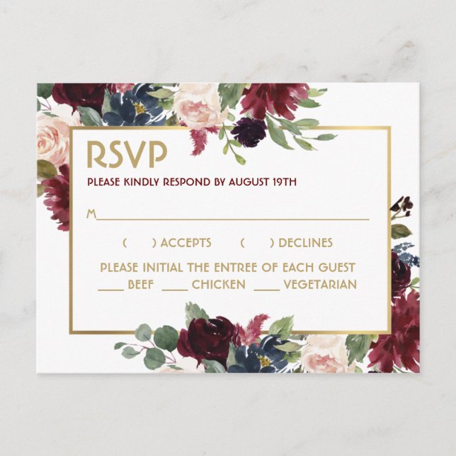 Burgundy Navy Gold Bouquet Wedding Response RSVP Postcard (Front)