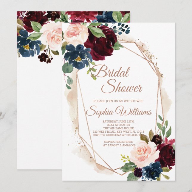 Burgundy, Navy & Gold Bridal Shower Invitation (Front/Back)