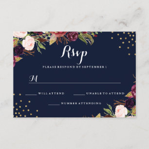 Burgundy Navy Gold Confetti Floral Wedding RSVP Card