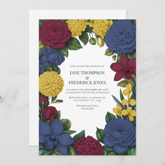 Burgundy, Navy & Gold Floral Wedding Invitation (Front/Back)