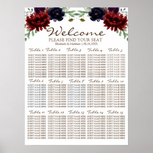 Burgundy Navy Gold Peony Wedding Seating Chart