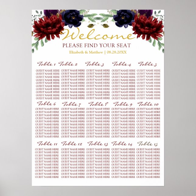 Burgundy Navy Gold Peony Wedding Seating Chart (Front)