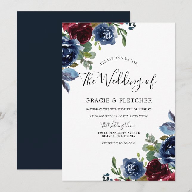 Burgundy & Navy Indigo Flowers Autumn Wedding Invitation (Front/Back)