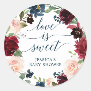 Burgundy Navy Love Is Sweet Baby Shower Favour Classic Round Sticker