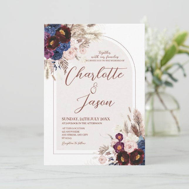 Burgundy Navy Maroon Blush Wedding Invitation (Standing Front)
