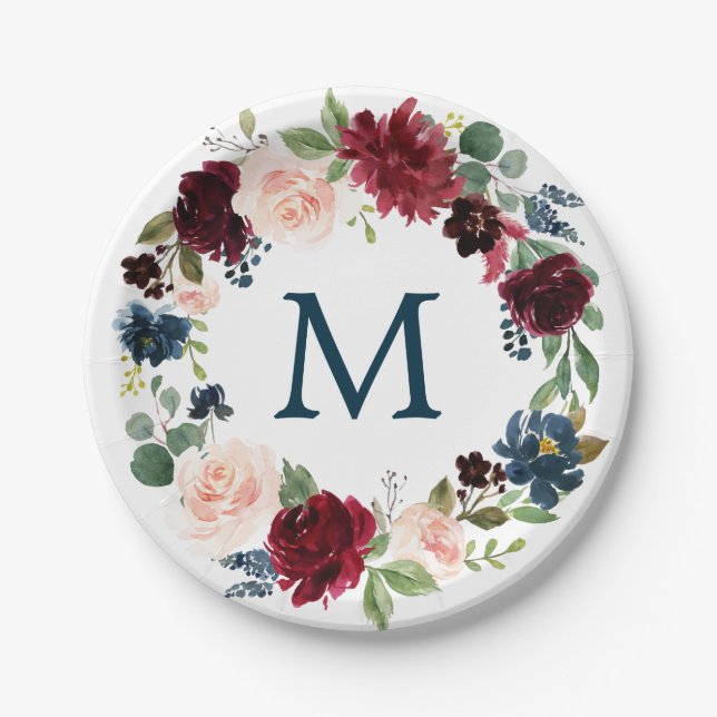Burgundy Navy Monogram Bridal Shower Paper Plates (Front)