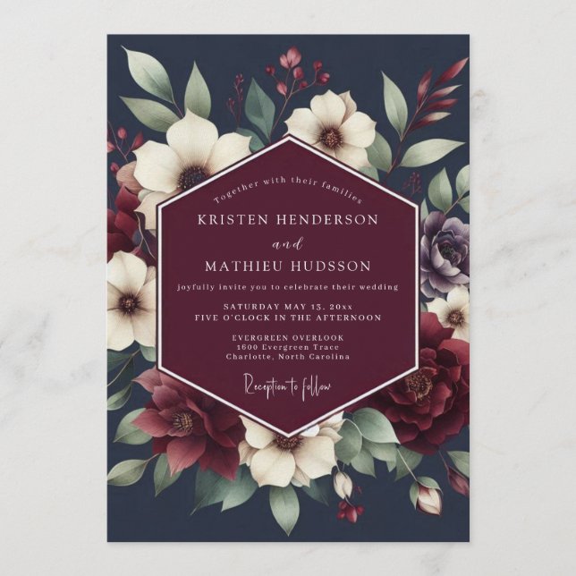 Burgundy & Navy Moody Floral Wedding Invitation (Front)