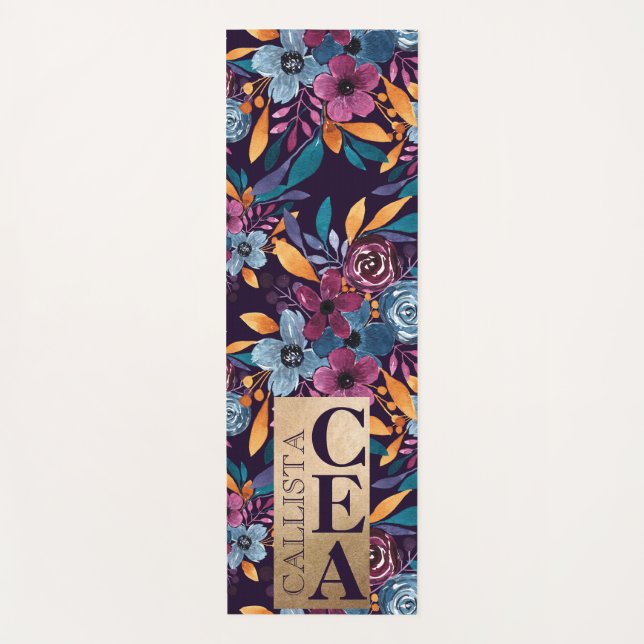 Burgundy Navy Mustard Watercolor Flowers Monogram Yoga Mat (Front)
