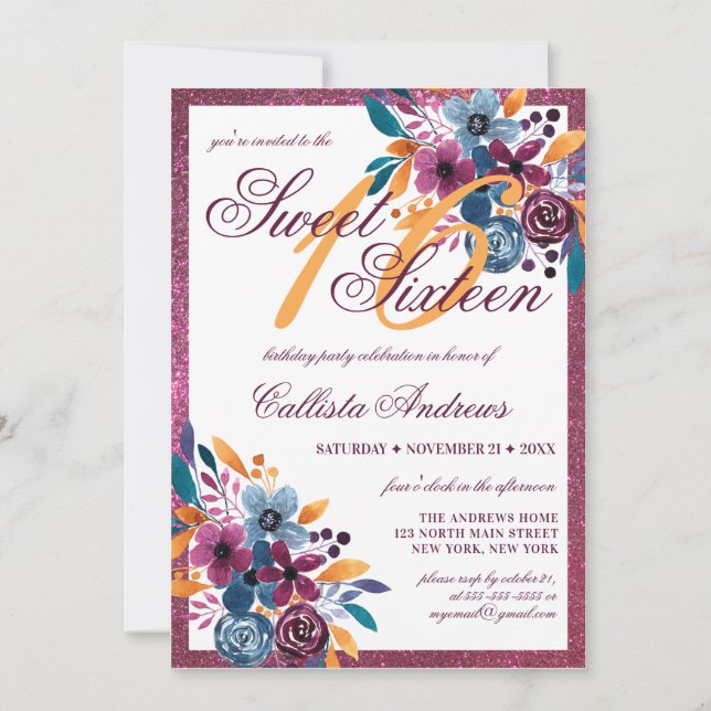 Burgundy Navy Mustard Watercolor Flowers Sweet 16 Invitation (Front)