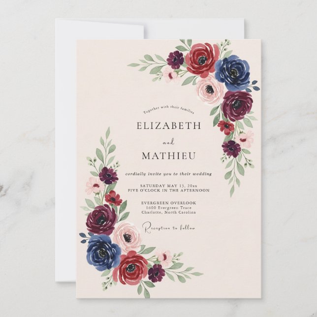 Burgundy Navy Opulent Winter Wedding Invitation (Front)