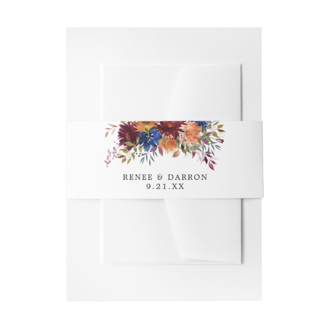 Burgundy & Navy Orange Fall Floral 3 Invitation Belly Band (Front Example)