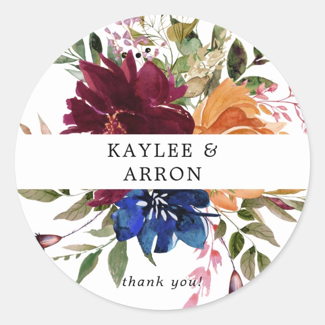 Burgundy & Navy Orange Fall Floral Thank You  Classic Round Sticker (Front)