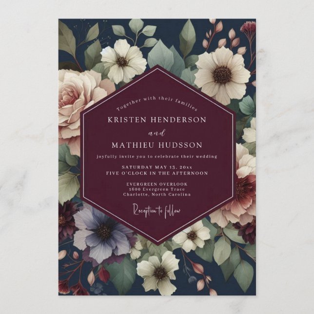 Burgundy Navy Painterly Bloom Wedding Invitation (Front)